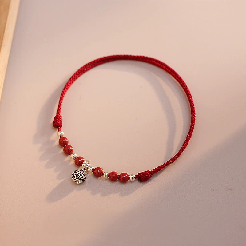 Sterling Silver Cinnabar Bell Red String Bracelet, Vintage Gift for Women
