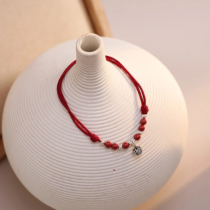 Sterling Silver Cinnabar Bell Red String Bracelet, Vintage Gift for Women