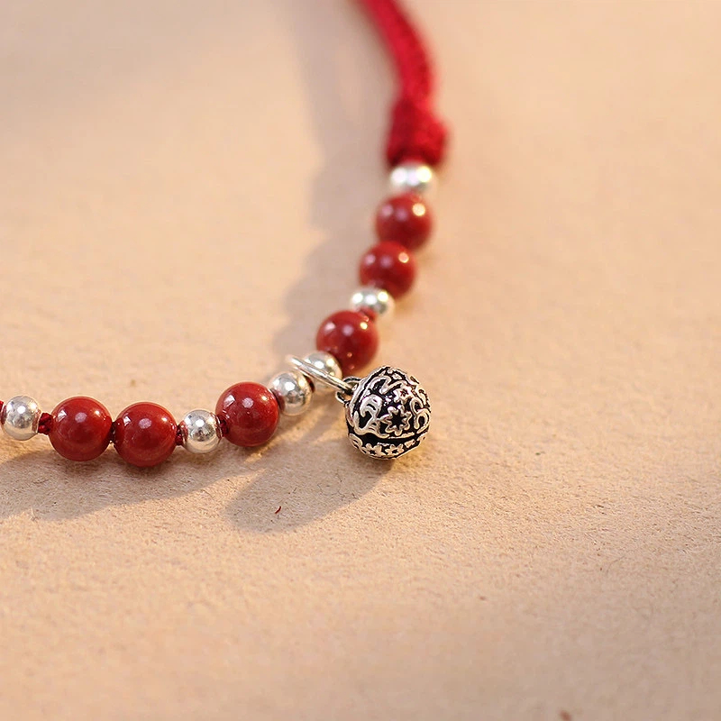 Sterling Silver Cinnabar Bell Red String Bracelet, Vintage Gift for Women