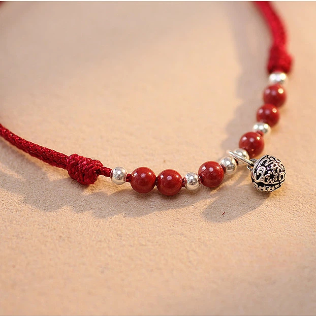 Sterling Silver Cinnabar Bell Red String Bracelet, Vintage Gift for Women