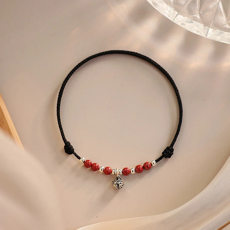 Sterling Silver Cinnabar Bell Red String Bracelet, Vintage Gift for Women