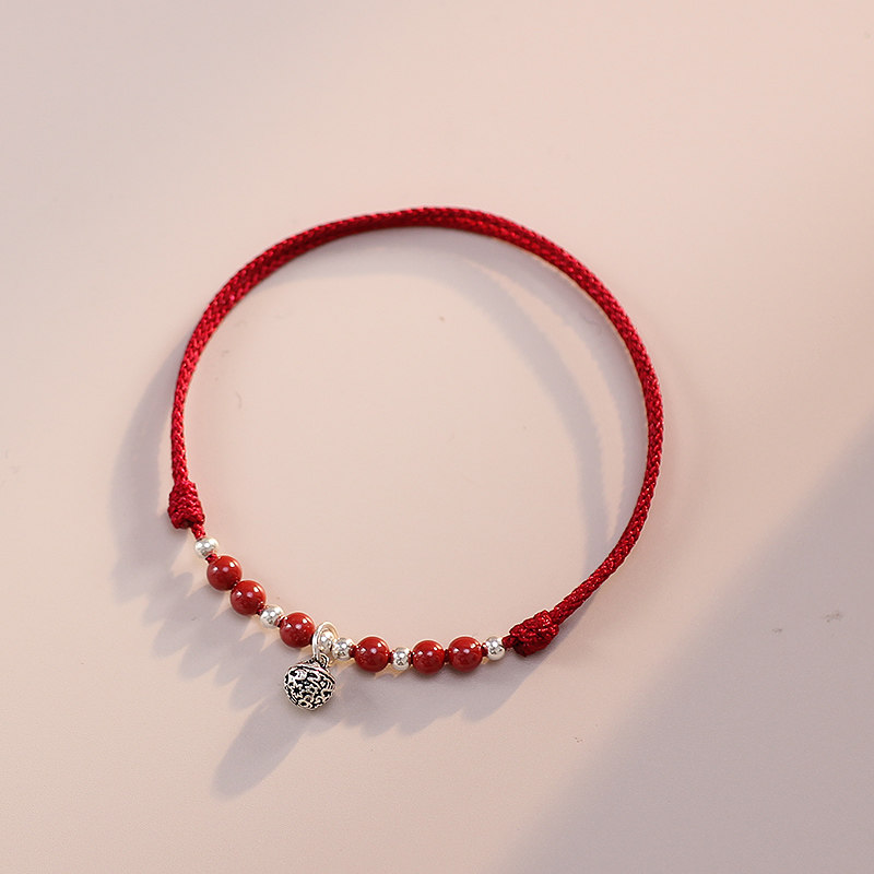 Sterling Silver Cinnabar Bell Red String Bracelet, Vintage Gift for Women