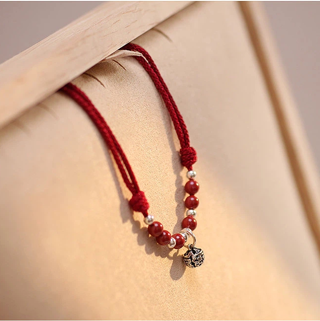 Sterling Silver Cinnabar Bell Red String Bracelet, Vintage Gift for Women