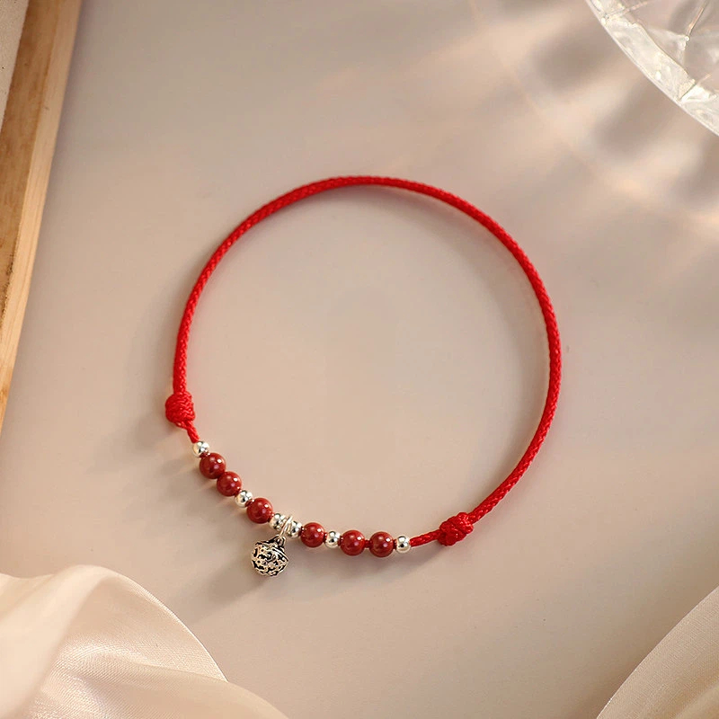 Sterling Silver Cinnabar Bell Red String Bracelet, Vintage Gift for Women