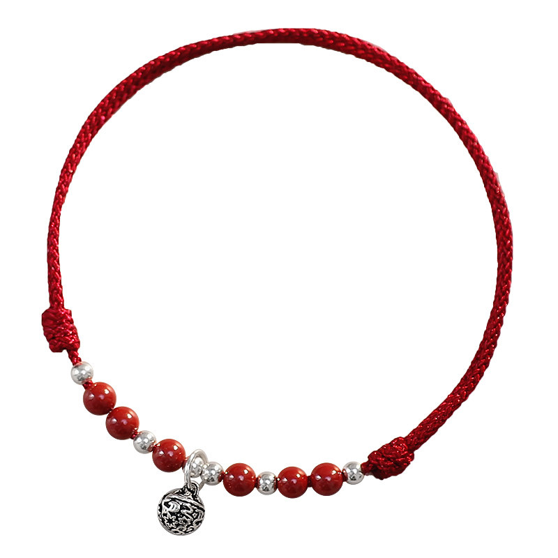Sterling Silver Cinnabar Bell Red String Bracelet, Vintage Gift for Women