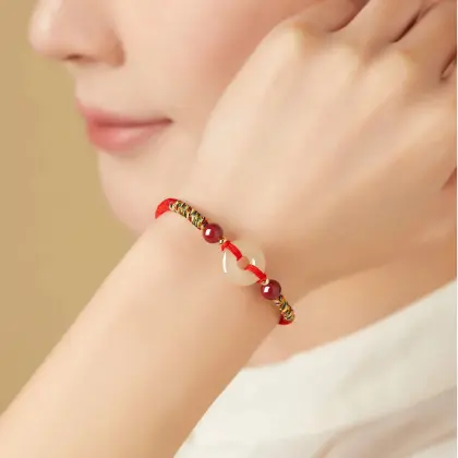 Hetian Jade Peace Buckle Red String Couple Bracelet, Zodiac Year Gift for Men & Women
