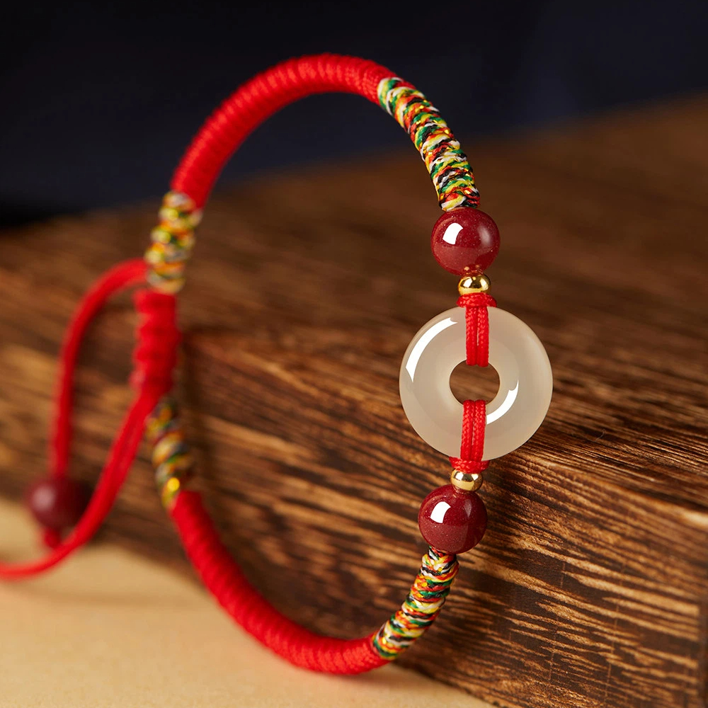 Hetian Jade Peace Buckle Red String Couple Bracelet, Zodiac Year Gift for Men & Women