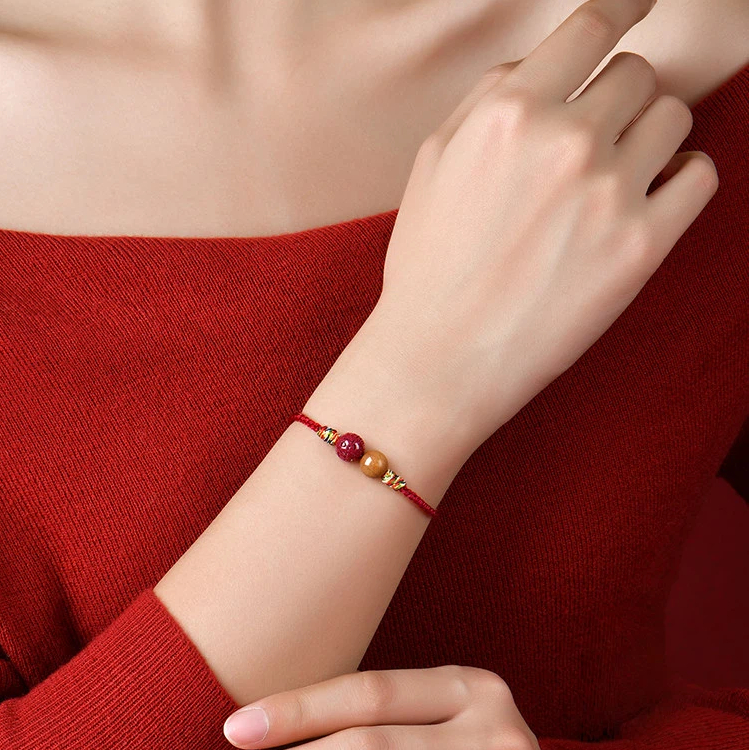 Peach Wood & Cinnabar Red String Bracelet, Zodiac Year Gift