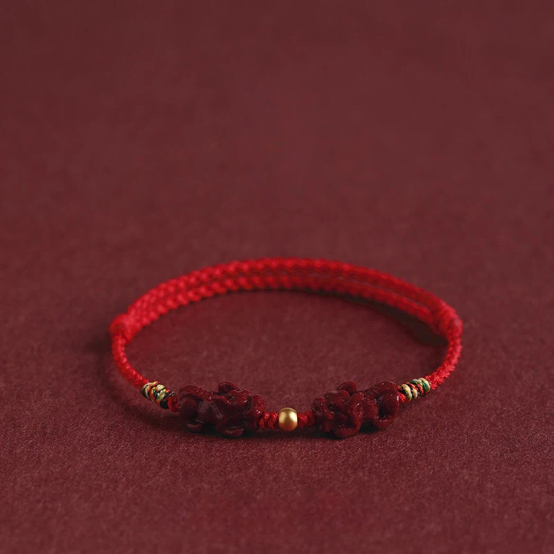 Gold Lucky Bead & Cinnabar Pixiu Red String Bracelet, Unisex Gift