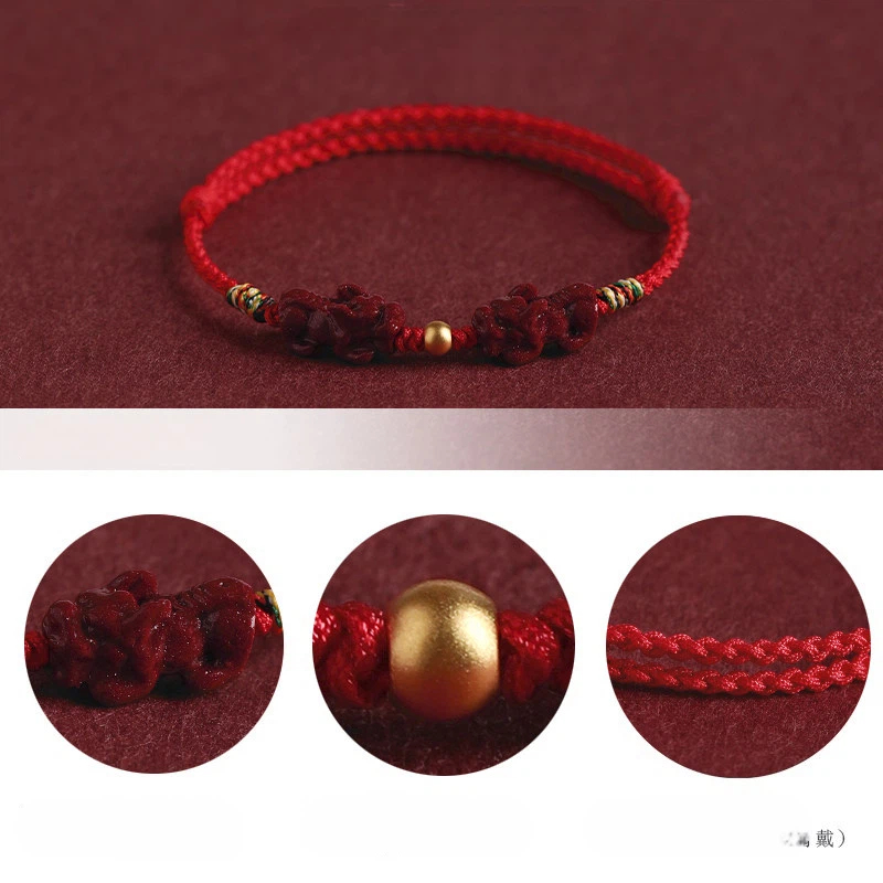 Gold Lucky Bead & Cinnabar Pixiu Red String Bracelet, Unisex Gift