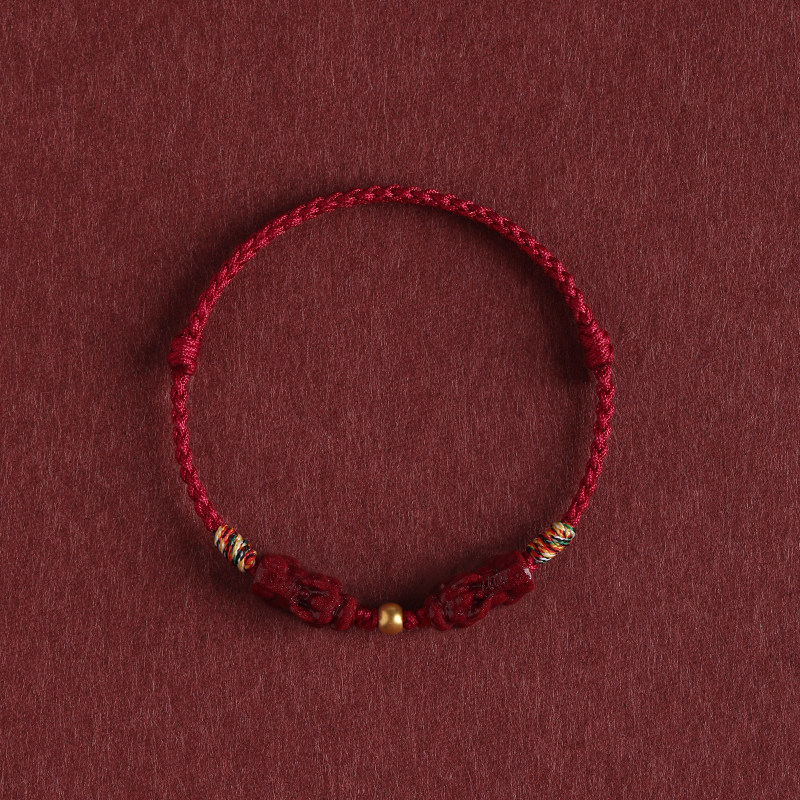 Gold Lucky Bead & Cinnabar Pixiu Red String Bracelet, Unisex Gift