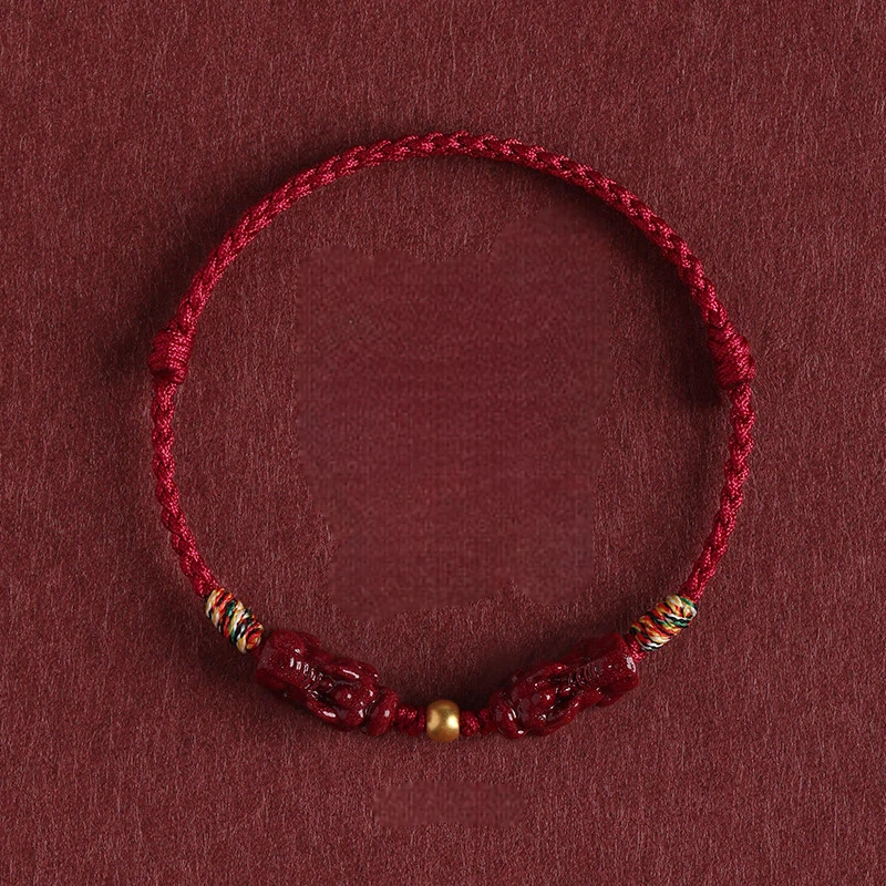 Gold Lucky Bead & Cinnabar Pixiu Red String Bracelet, Unisex Gift