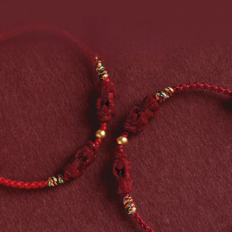 Gold Lucky Bead & Cinnabar Pixiu Red String Bracelet, Unisex Gift