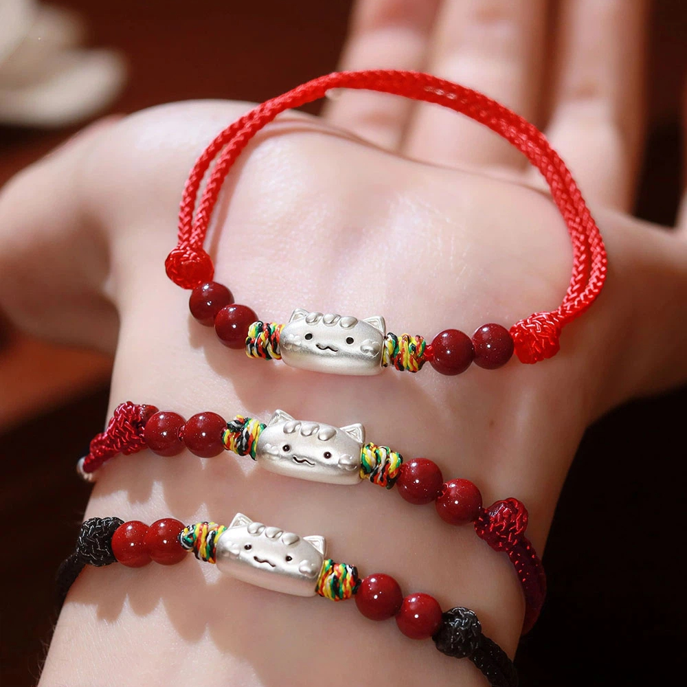 S999 Sterling Silver Cat Red String Bracelet, Natural Cinnabar Beads, Birthday Gift