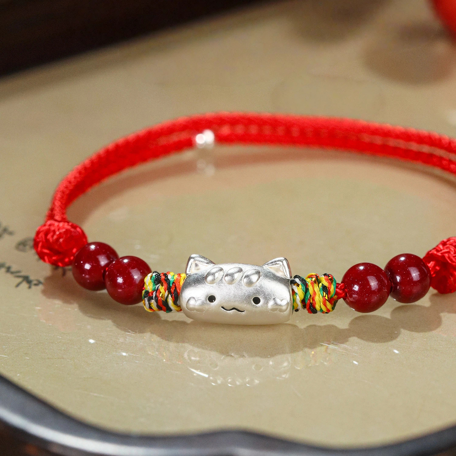 S999 Sterling Silver Cat Red String Bracelet, Natural Cinnabar Beads, Birthday Gift