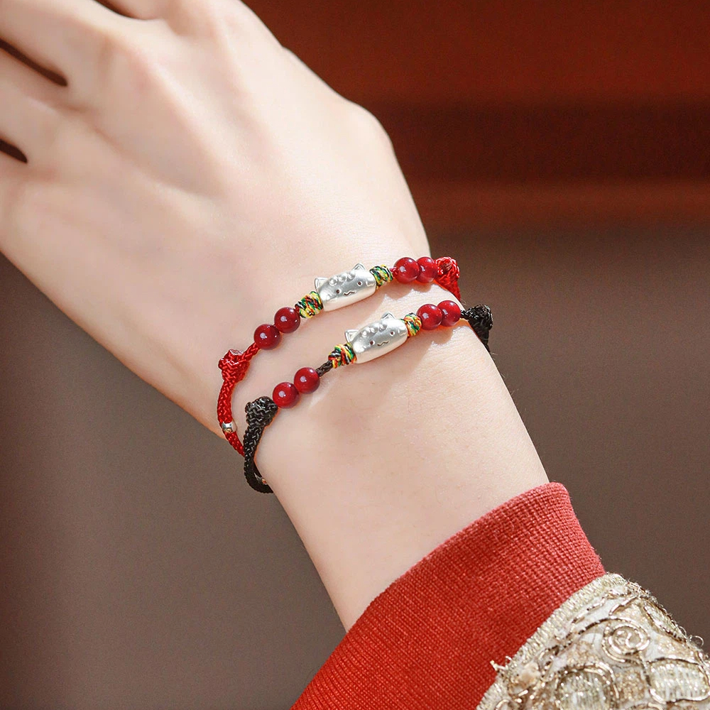 S999 Sterling Silver Cat Red String Bracelet, Natural Cinnabar Beads, Birthday Gift