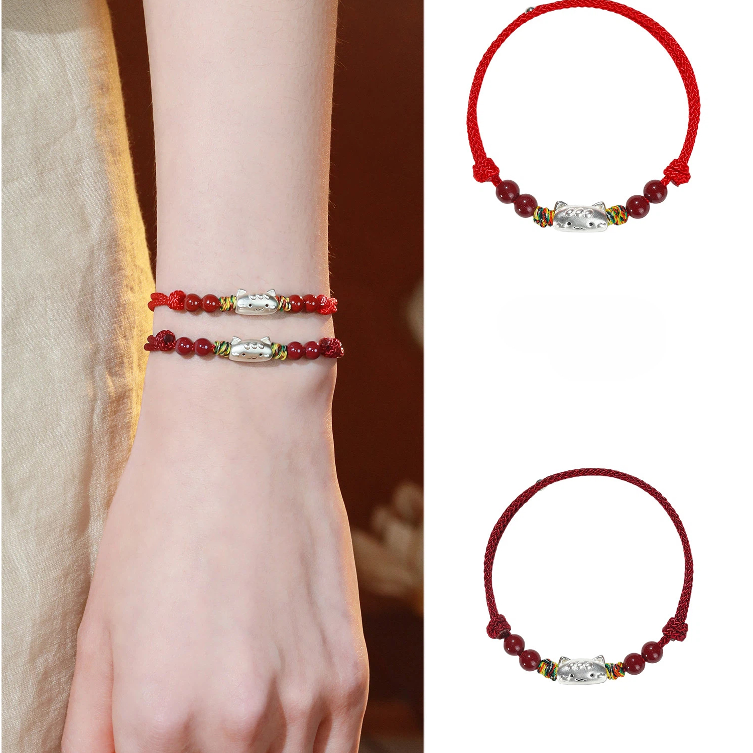 S999 Sterling Silver Cat Red String Bracelet, Natural Cinnabar Beads, Birthday Gift