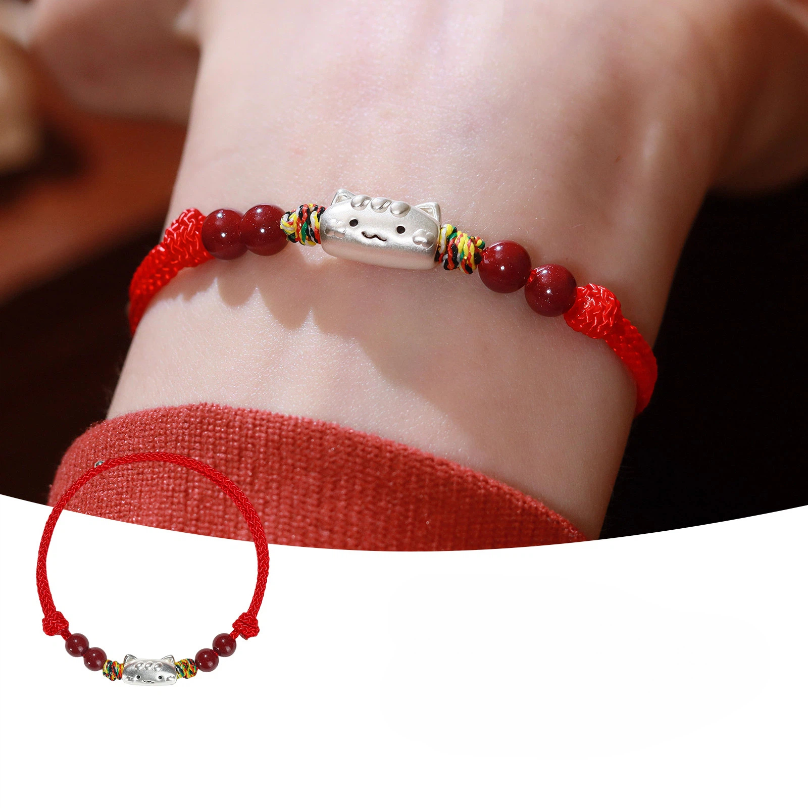 S999 Sterling Silver Cat Red String Bracelet, Natural Cinnabar Beads, Birthday Gift