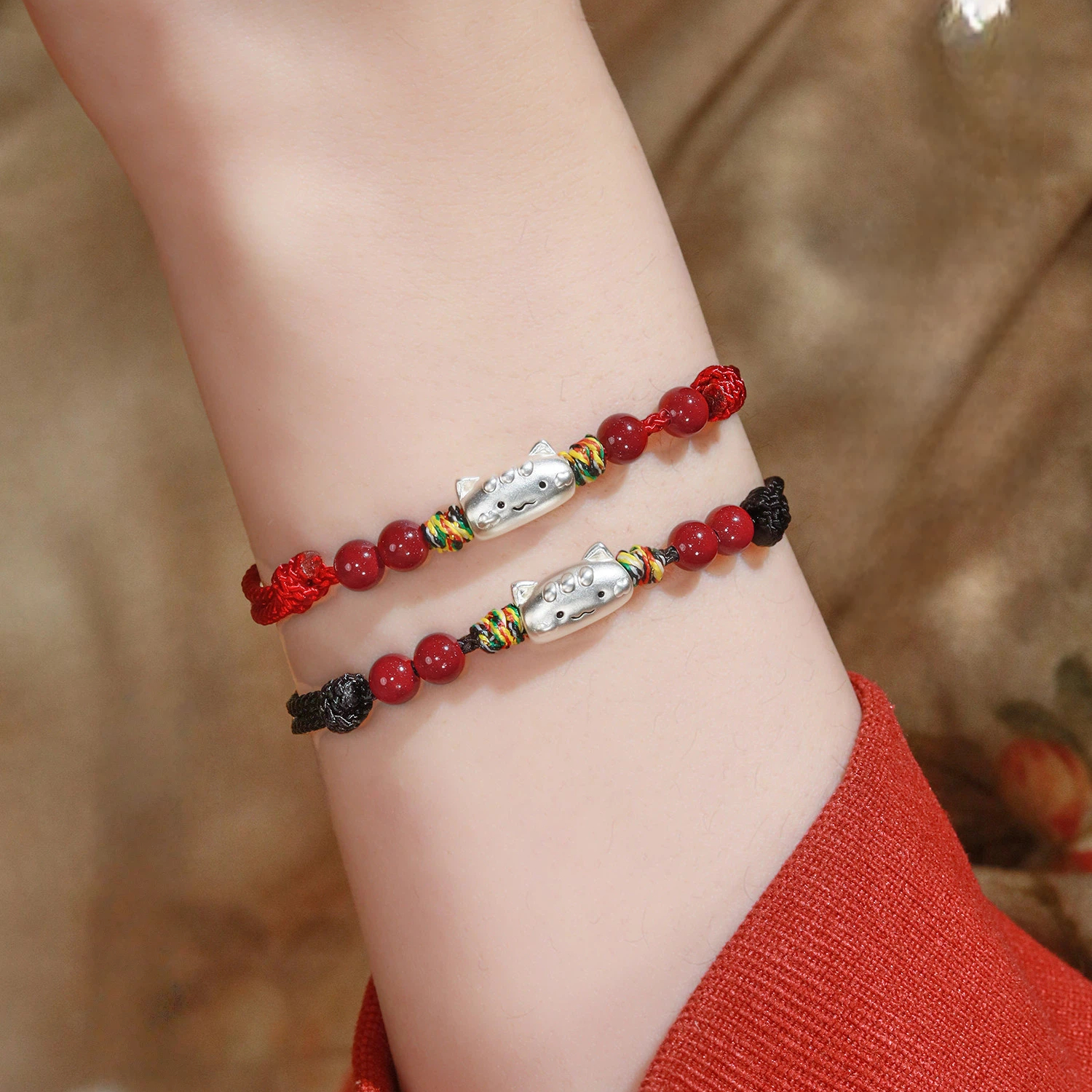 S999 Sterling Silver Cat Red String Bracelet, Natural Cinnabar Beads, Birthday Gift