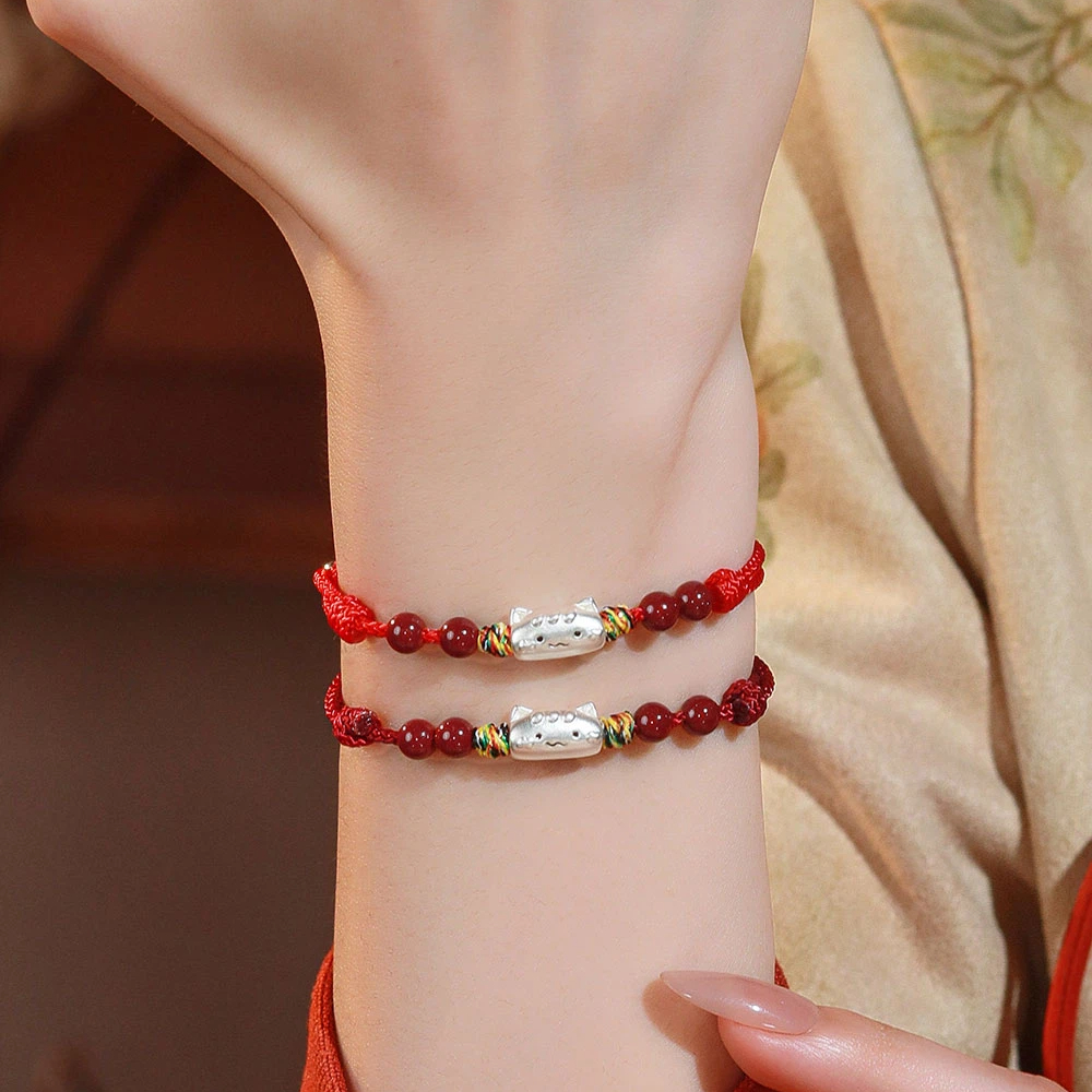 S999 Sterling Silver Cat Red String Bracelet, Natural Cinnabar Beads, Birthday Gift