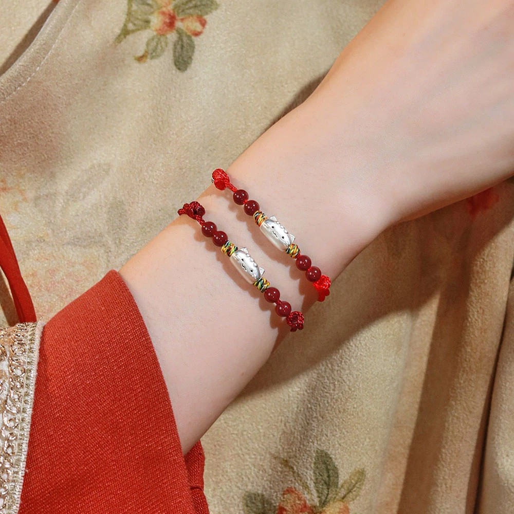 S999 Sterling Silver Cat Red String Bracelet, Natural Cinnabar Beads, Birthday Gift