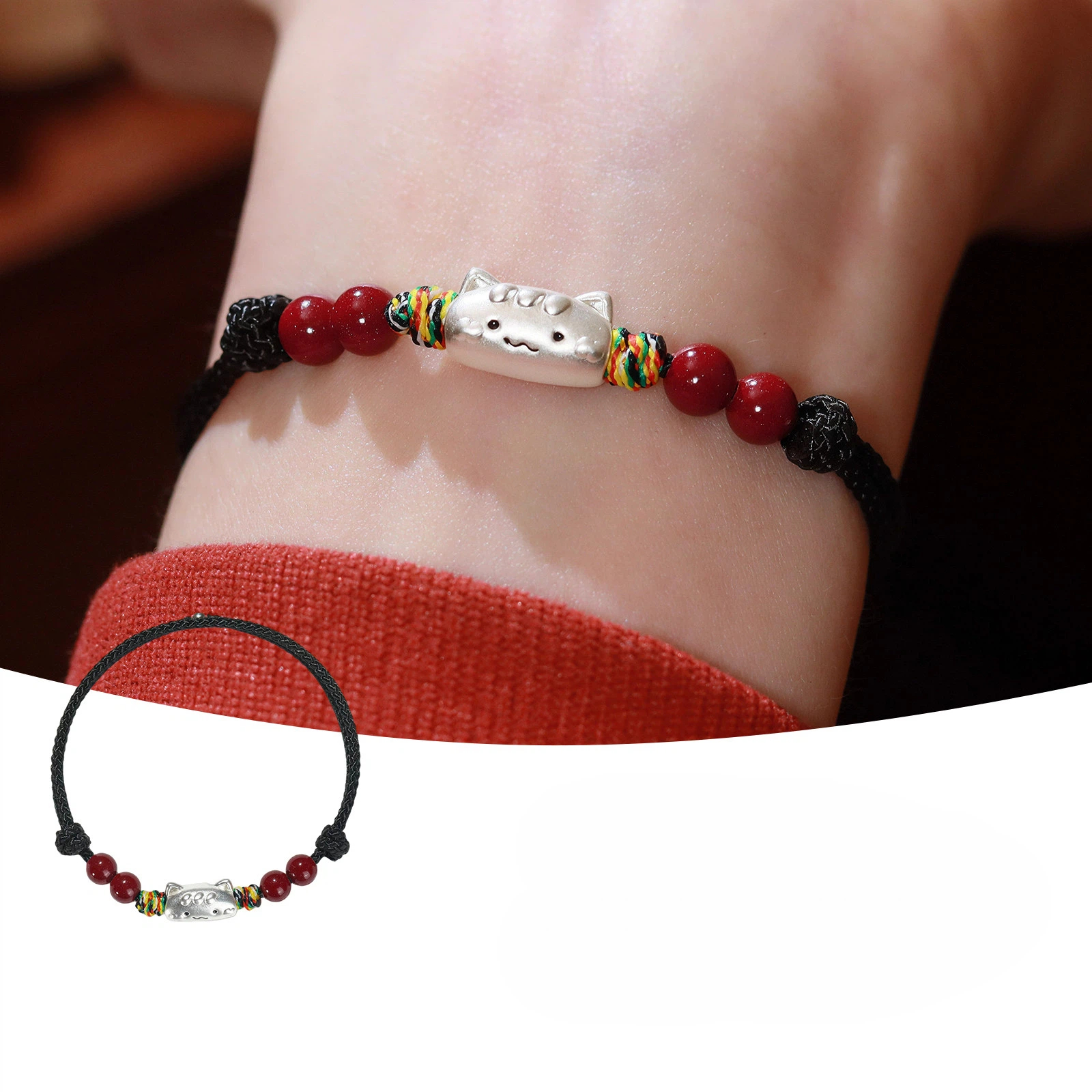 S999 Sterling Silver Cat Red String Bracelet, Natural Cinnabar Beads, Birthday Gift