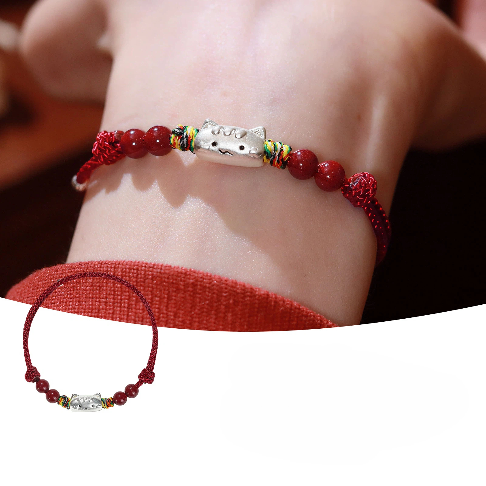 S999 Sterling Silver Cat Red String Bracelet, Natural Cinnabar Beads, Birthday Gift
