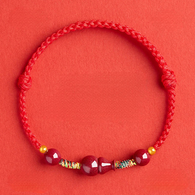 Cinnabar Bead & Peach Wood Gourd Red String Bracelet, Unisex Zodiac Gift