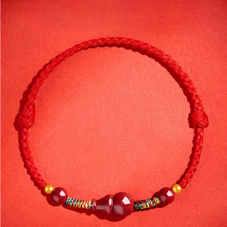 Cinnabar Bead & Peach Wood Gourd Red String Bracelet, Unisex Zodiac Gift
