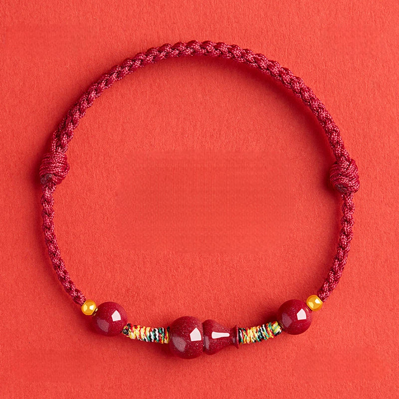 Cinnabar Bead & Peach Wood Gourd Red String Bracelet, Unisex Zodiac Gift