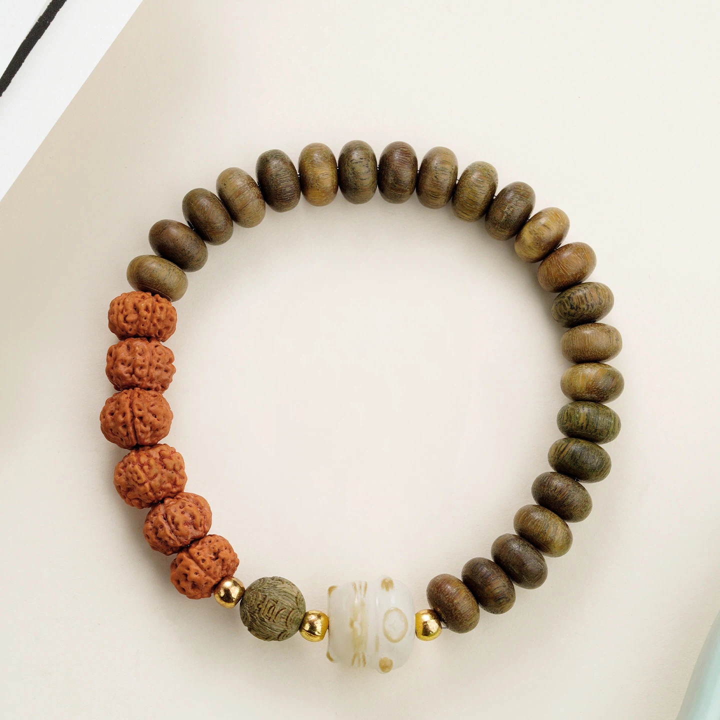 Green Sandalwood Rudraksha Bracelet, Wooden Prayer Bead Birthday Gift