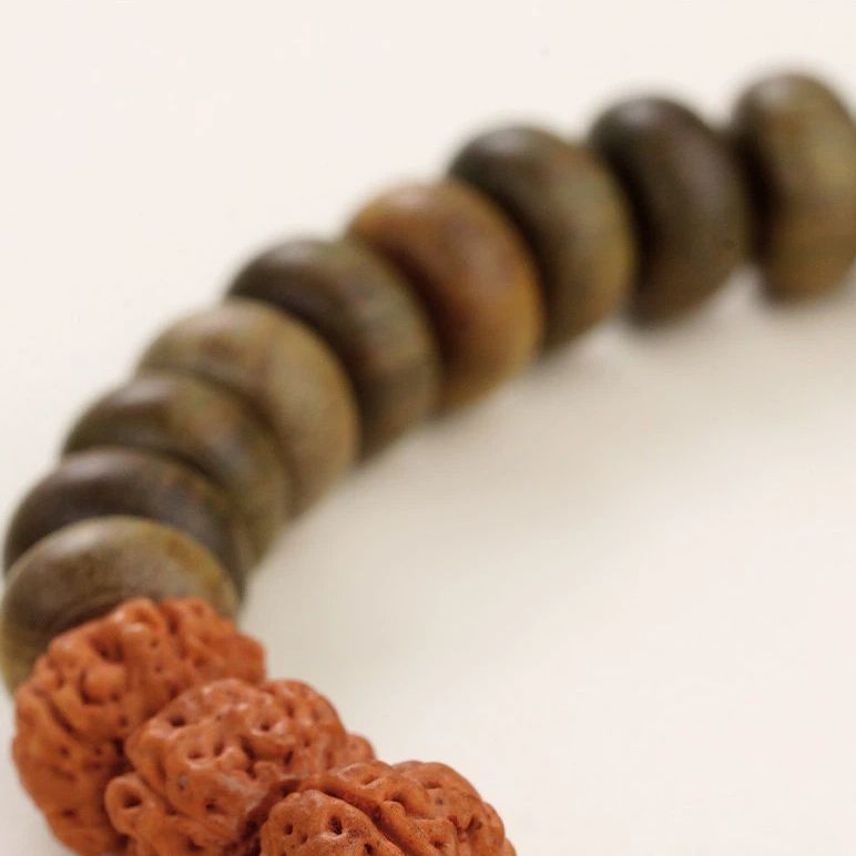 Green Sandalwood Rudraksha Bracelet, Wooden Prayer Bead Birthday Gift