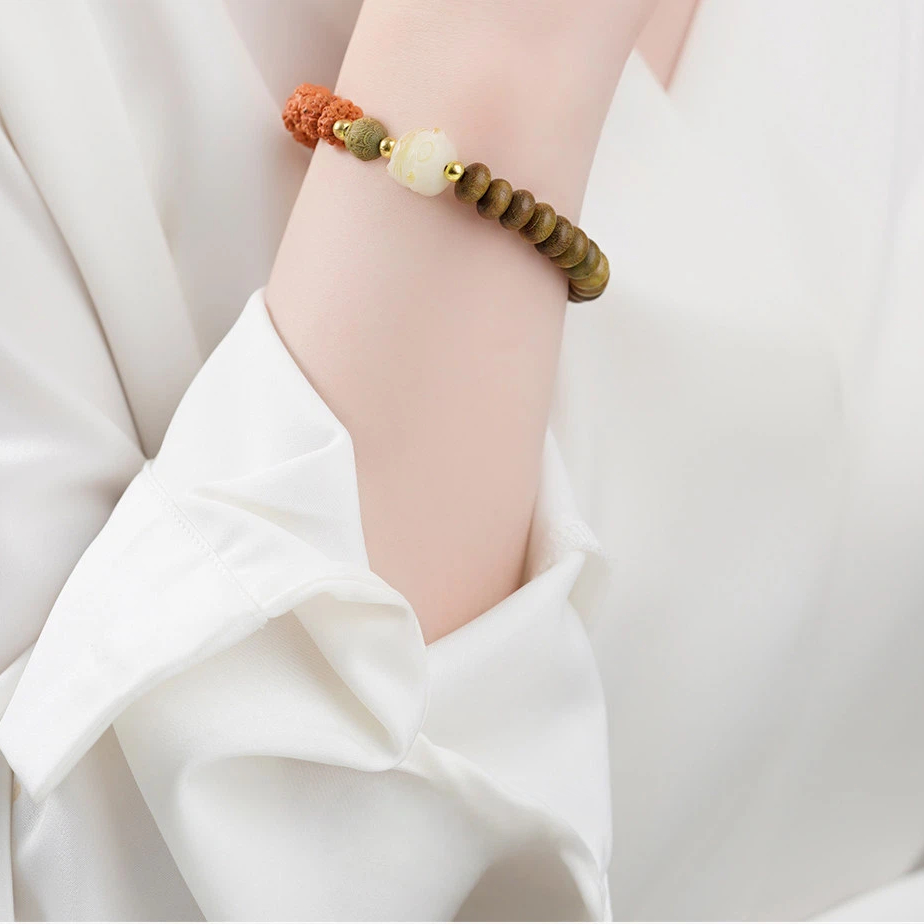 Green Sandalwood Rudraksha Bracelet, Wooden Prayer Bead Birthday Gift