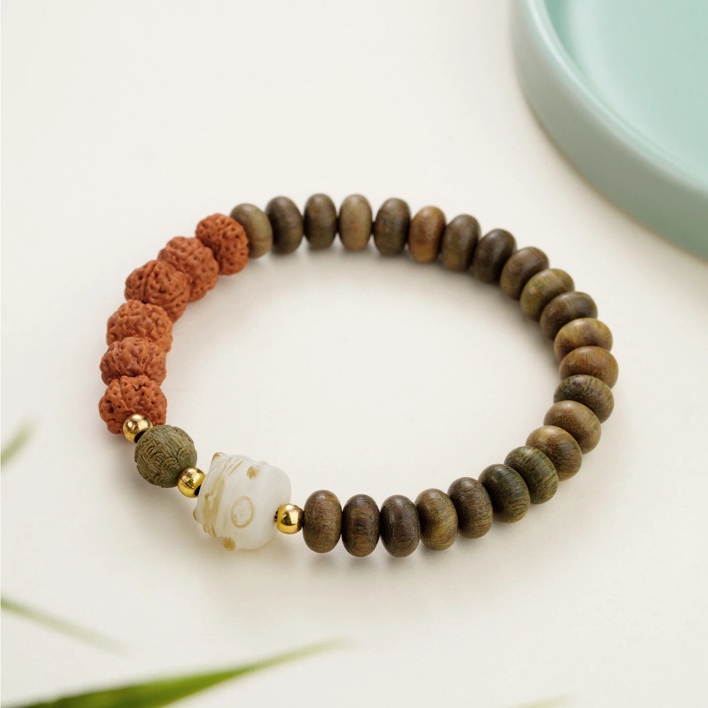 Green Sandalwood Rudraksha Bracelet, Wooden Prayer Bead Birthday Gift