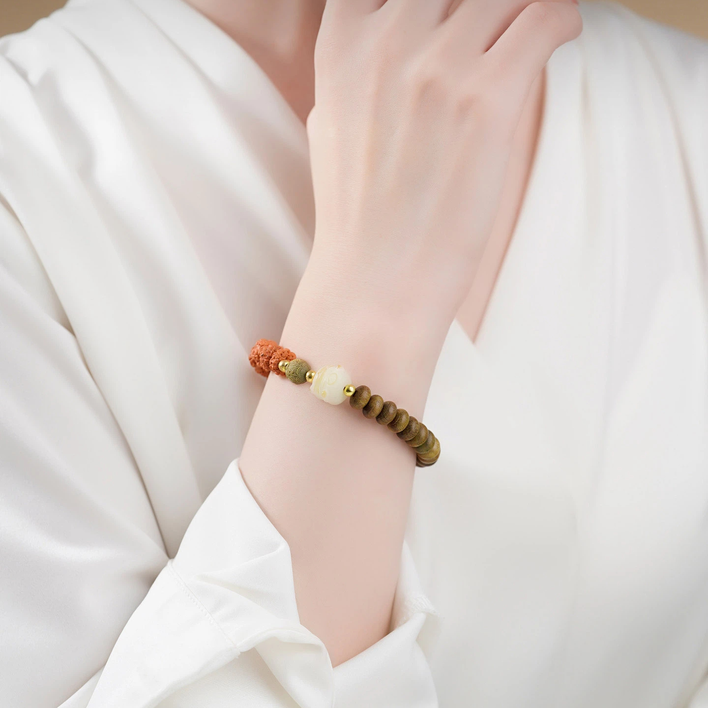 Green Sandalwood Rudraksha Bracelet, Wooden Prayer Bead Birthday Gift
