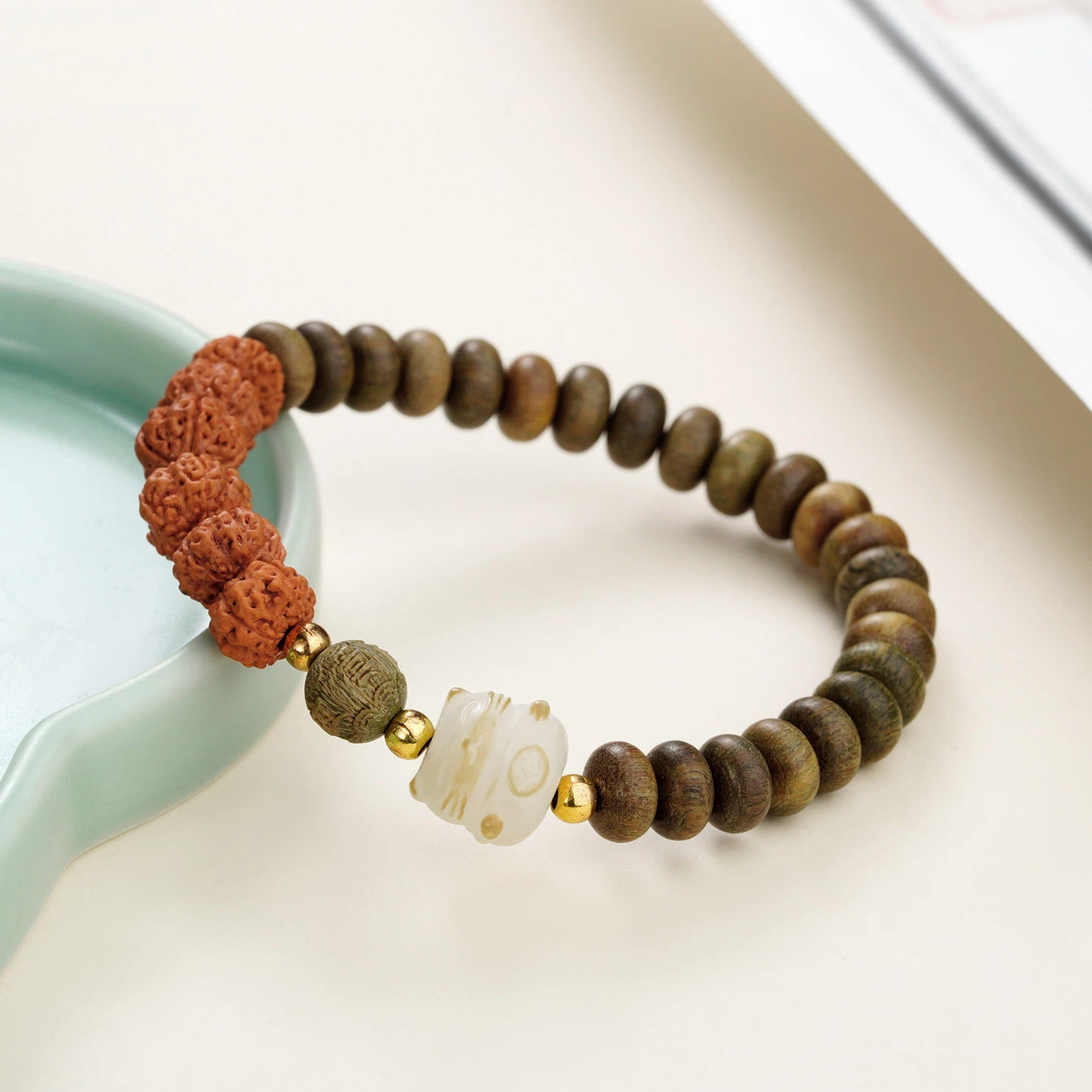 Green Sandalwood Rudraksha Bracelet, Wooden Prayer Bead Birthday Gift