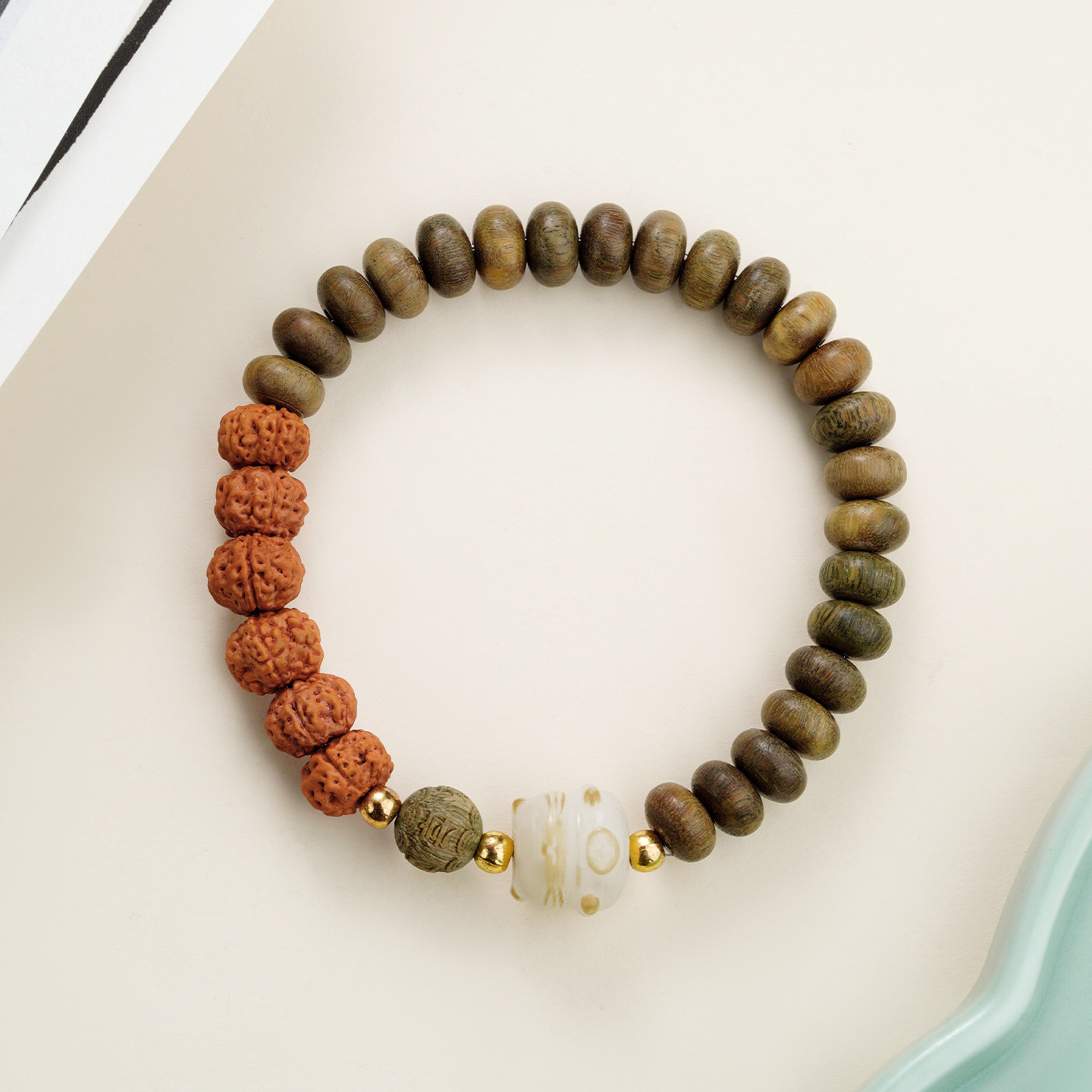 Green Sandalwood Rudraksha Bracelet, Wooden Prayer Bead Birthday Gift