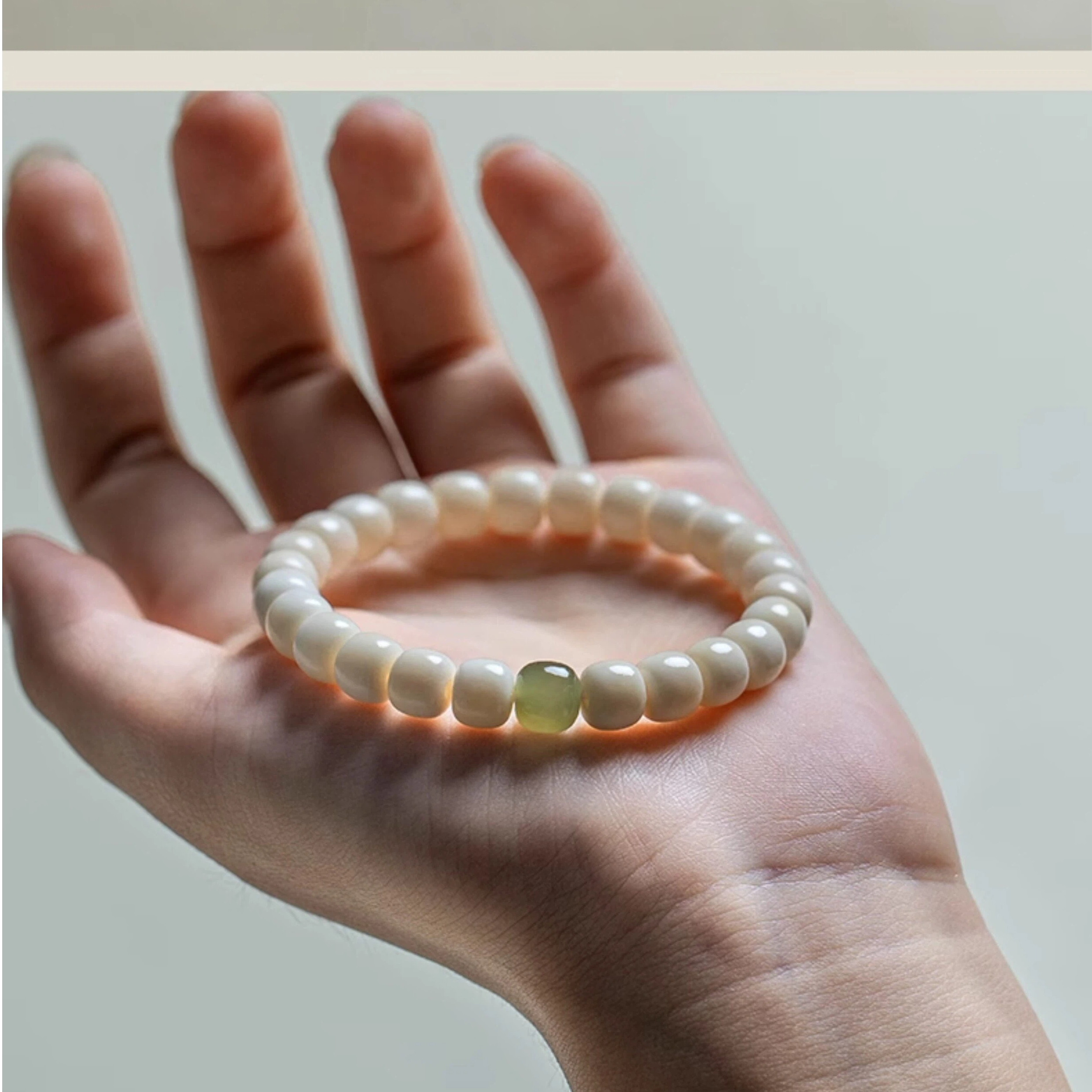 Natural White Jade Bodhi Bracelet with Hetian Jade, Holiday Gift