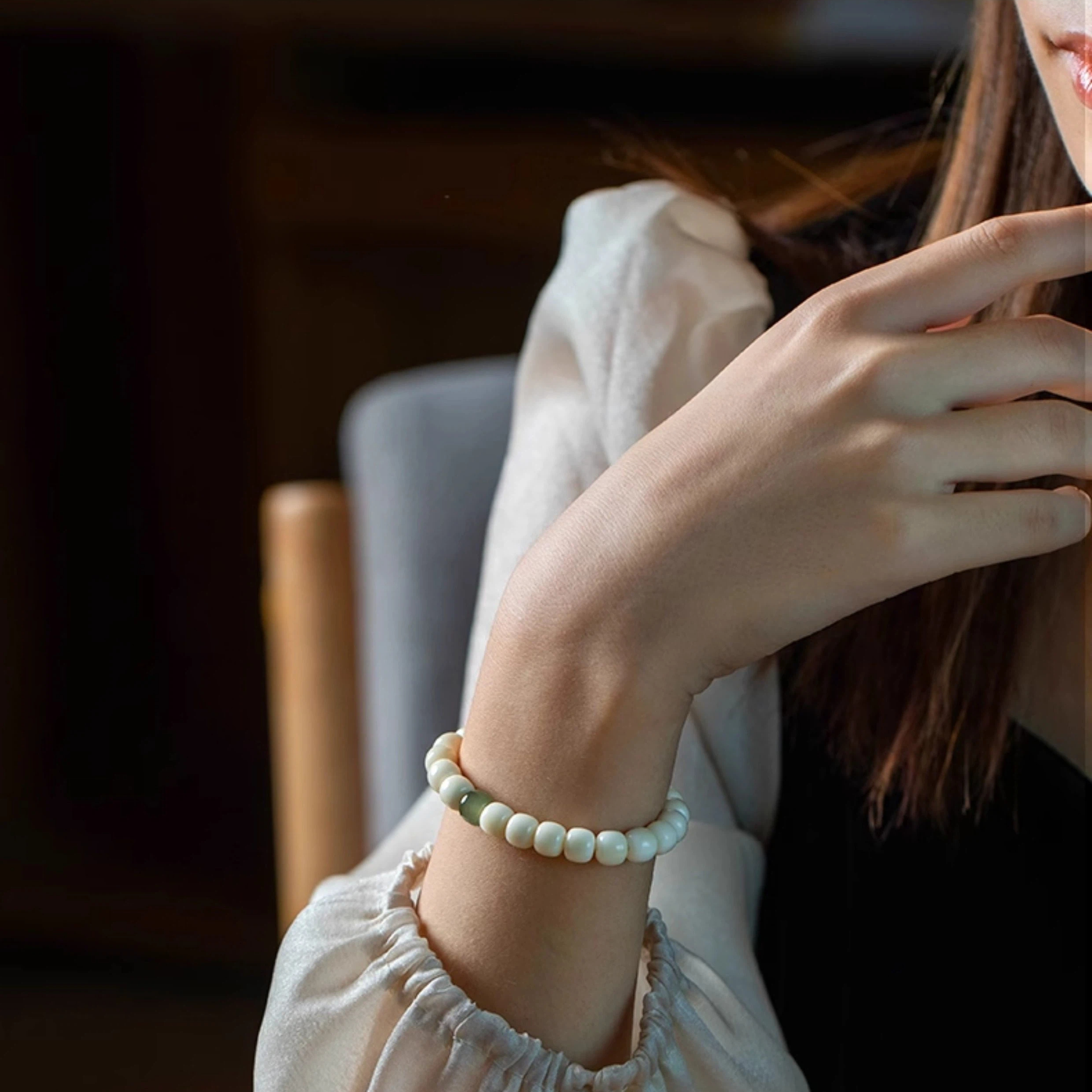 Natural White Jade Bodhi Bracelet with Hetian Jade, Holiday Gift