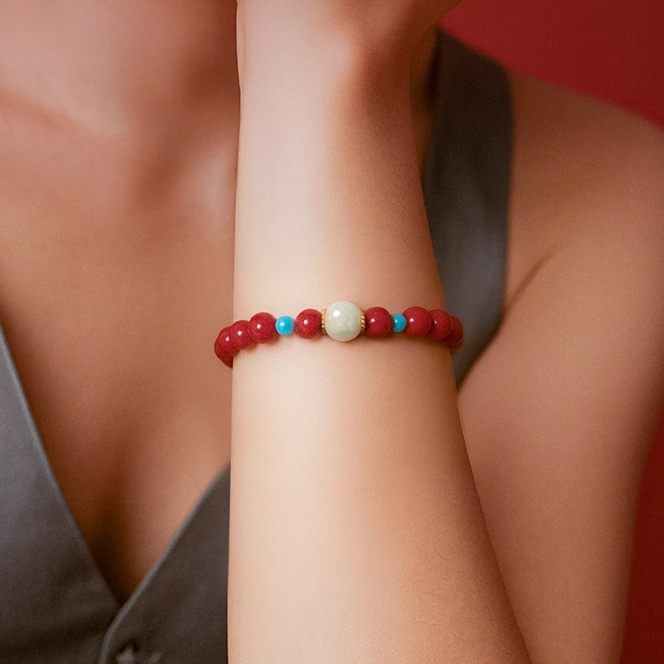Hetian Jade Cinnabar Bracelet, Light Luxury Beaded New Year Gift