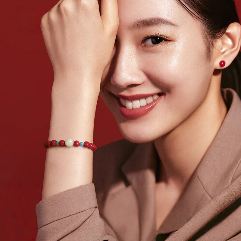 Hetian Jade Cinnabar Bracelet, Light Luxury Beaded New Year Gift