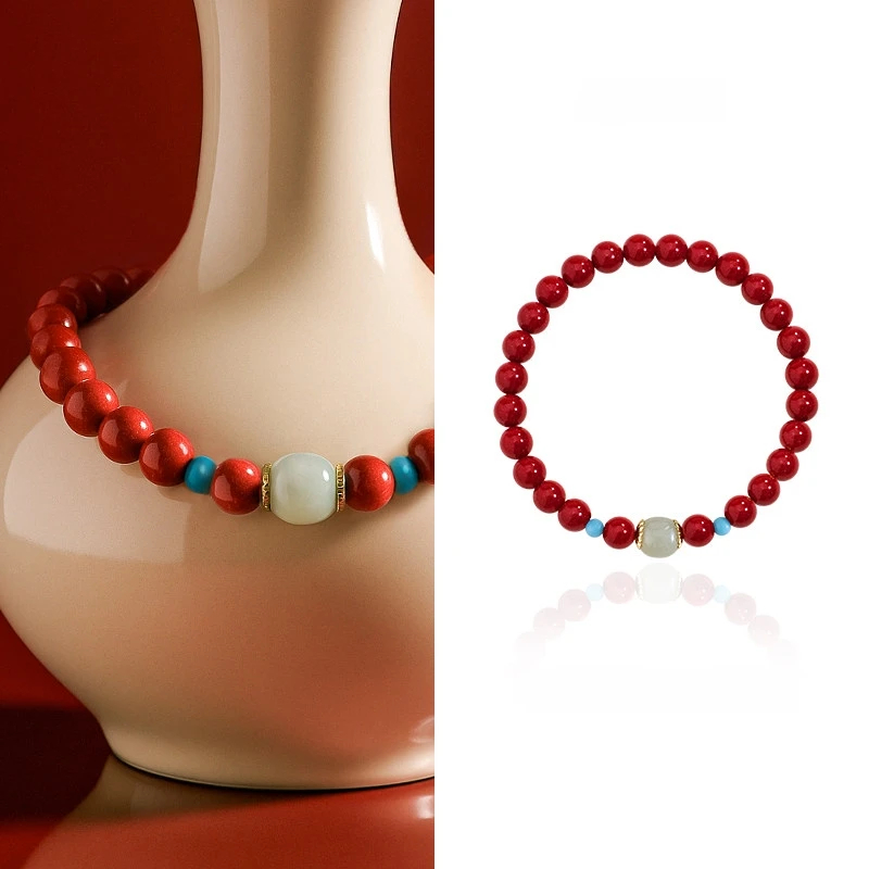 Hetian Jade Cinnabar Bracelet, Light Luxury Beaded New Year Gift