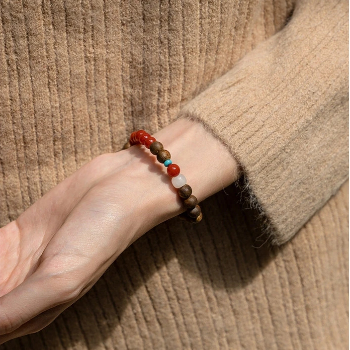Auspicious Calming Nanhong Agate White Chalcedony Turquoise Agarwood Bracelet | Unisex Valentine Gift