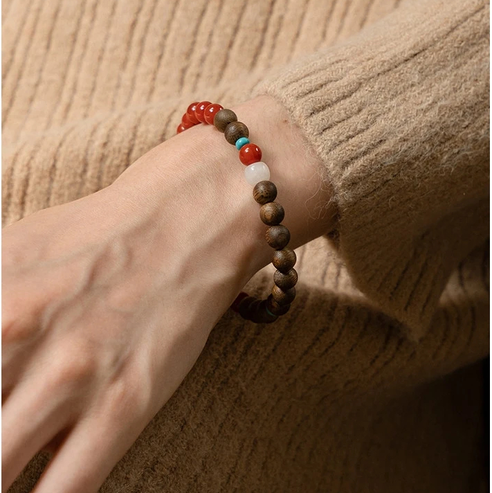 Auspicious Calming Nanhong Agate White Chalcedony Turquoise Agarwood Bracelet | Unisex Valentine Gift