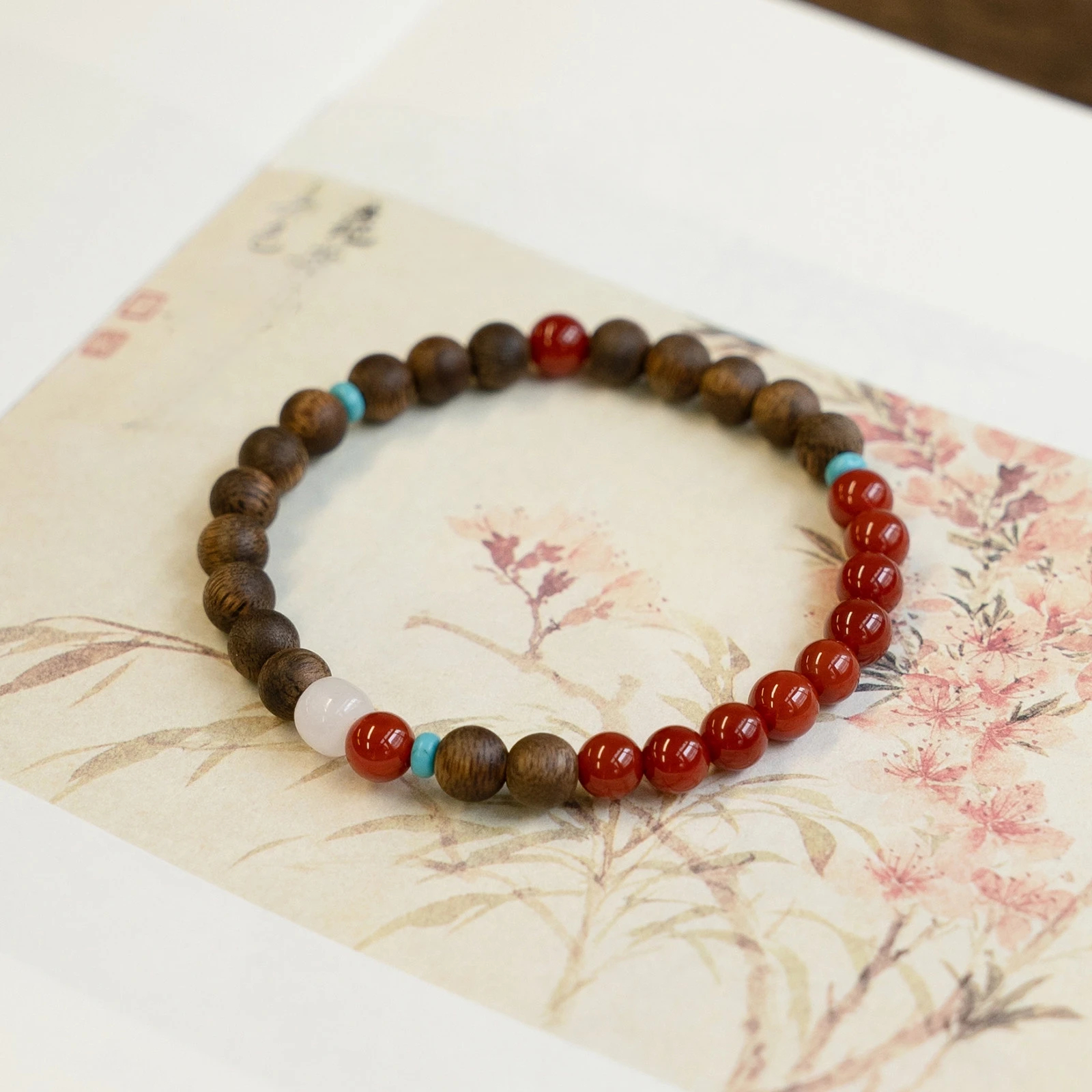 Auspicious Calming Nanhong Agate White Chalcedony Turquoise Agarwood Bracelet | Unisex Valentine Gift