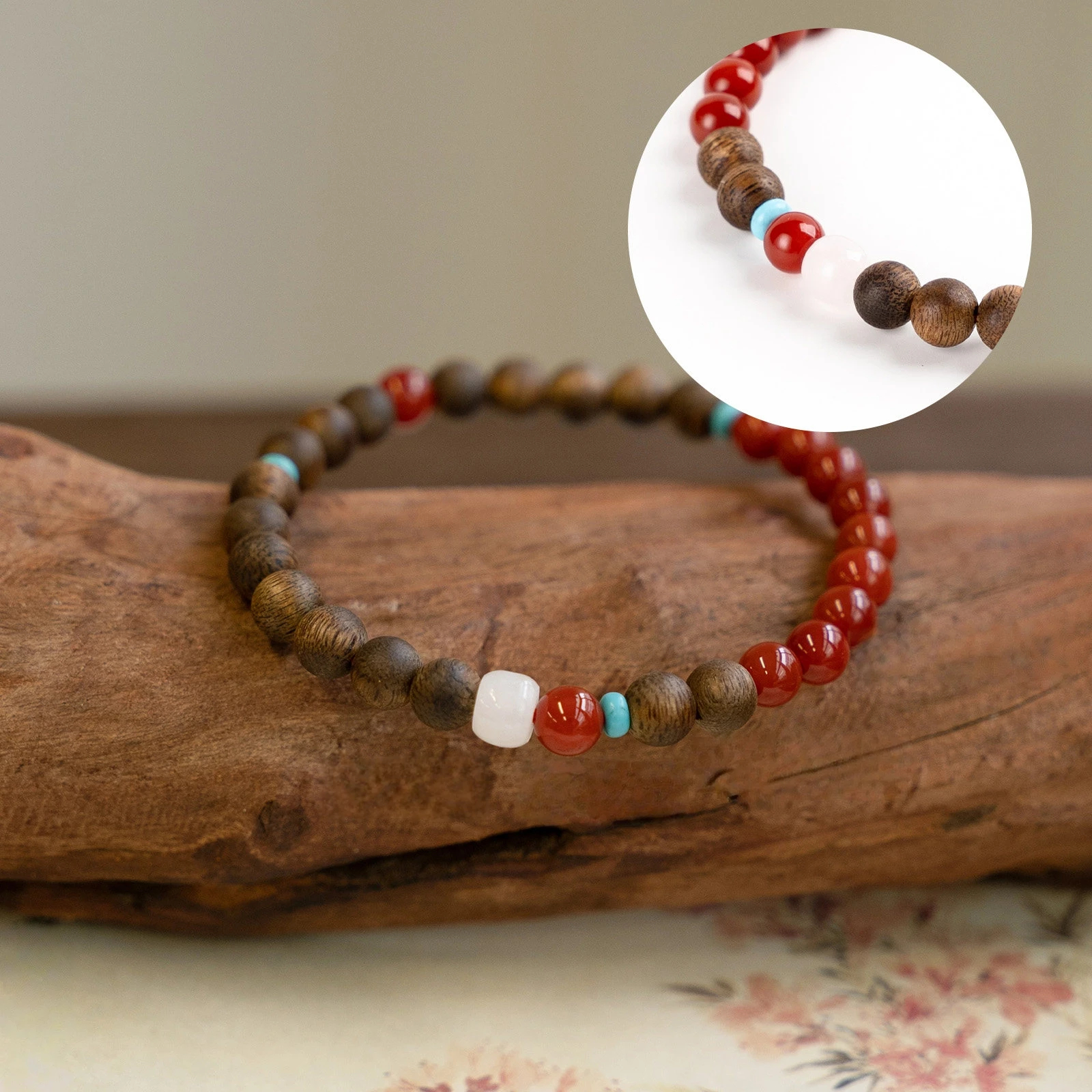 Auspicious Calming Nanhong Agate White Chalcedony Turquoise Agarwood Bracelet | Unisex Valentine Gift
