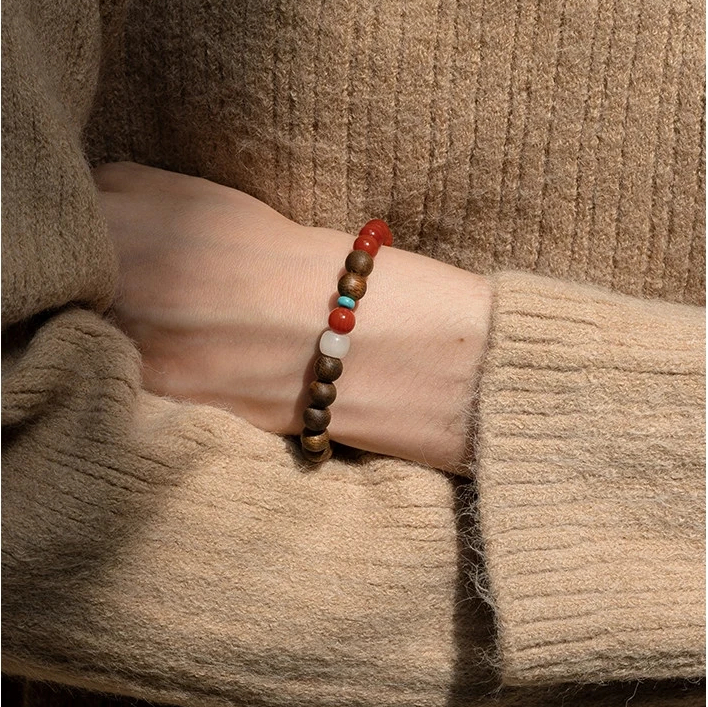 Auspicious Calming Nanhong Agate White Chalcedony Turquoise Agarwood Bracelet | Unisex Valentine Gift