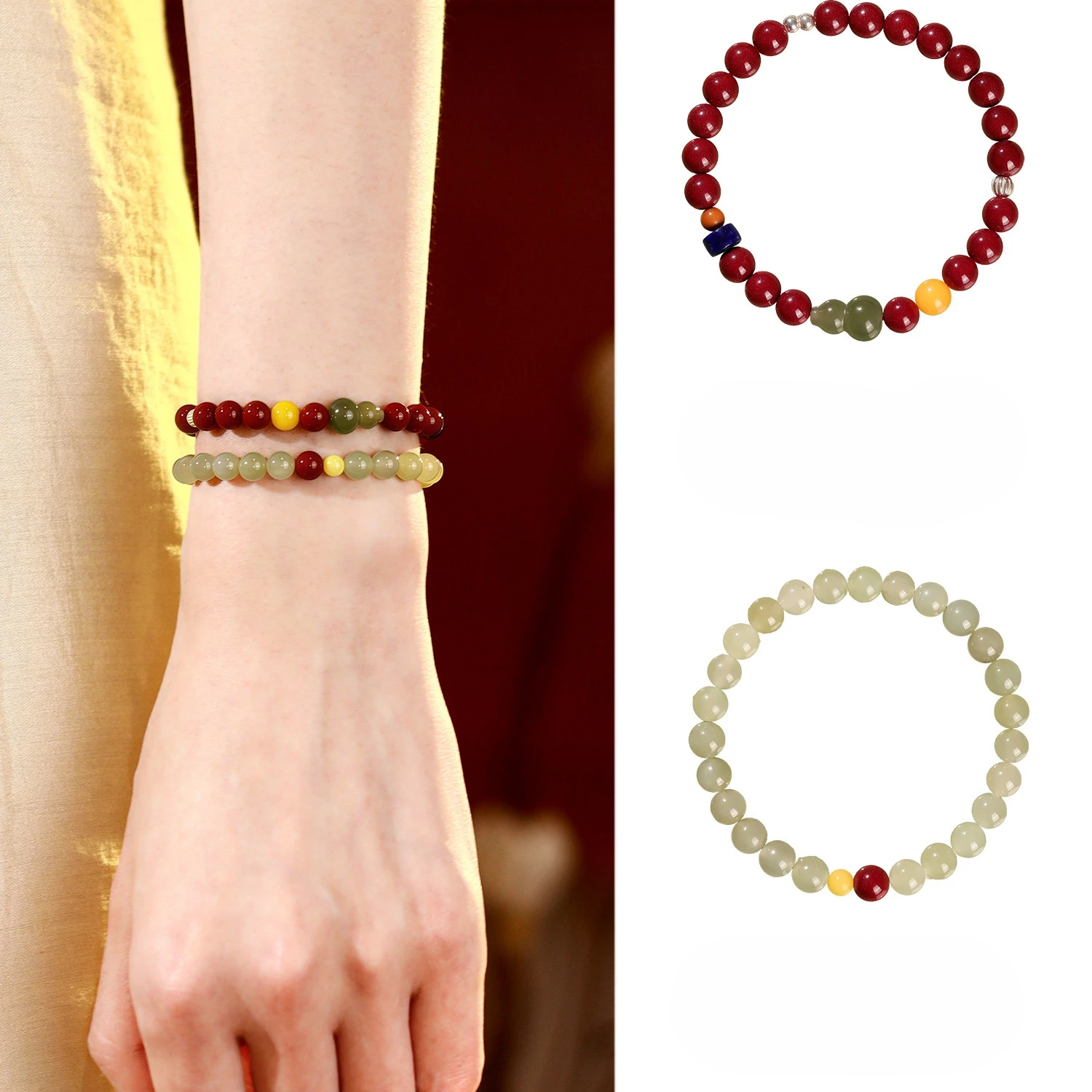 Natural Hetian Jade Cinnabar Amber Bracelet | Women’s Unique Valentine Gift