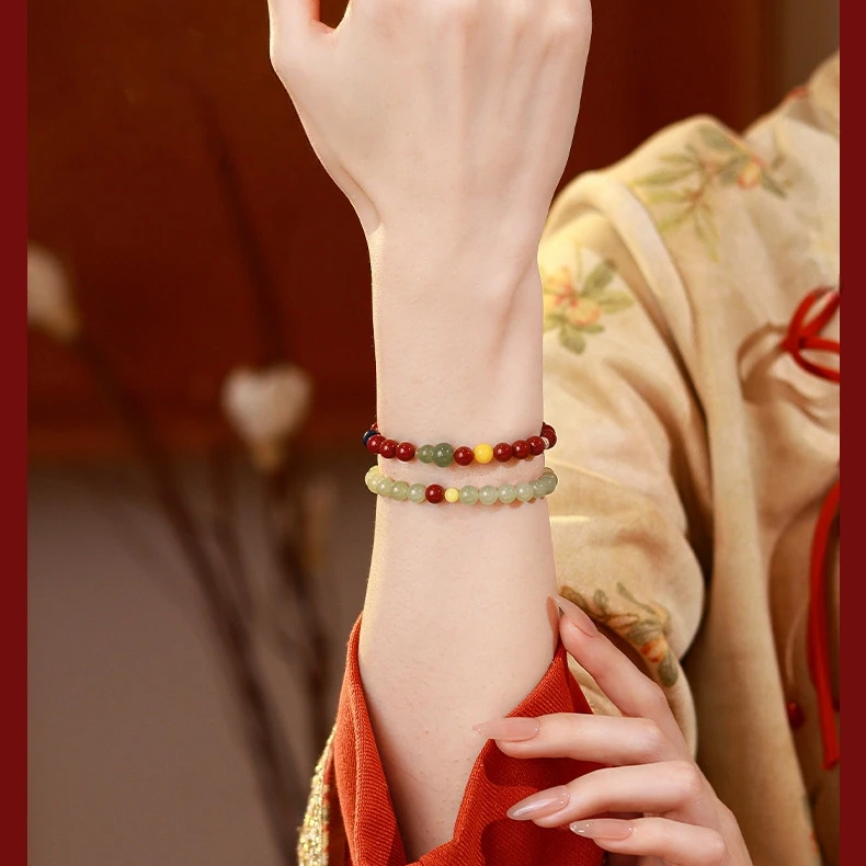 Natural Hetian Jade Cinnabar Amber Bracelet | Women’s Unique Valentine Gift