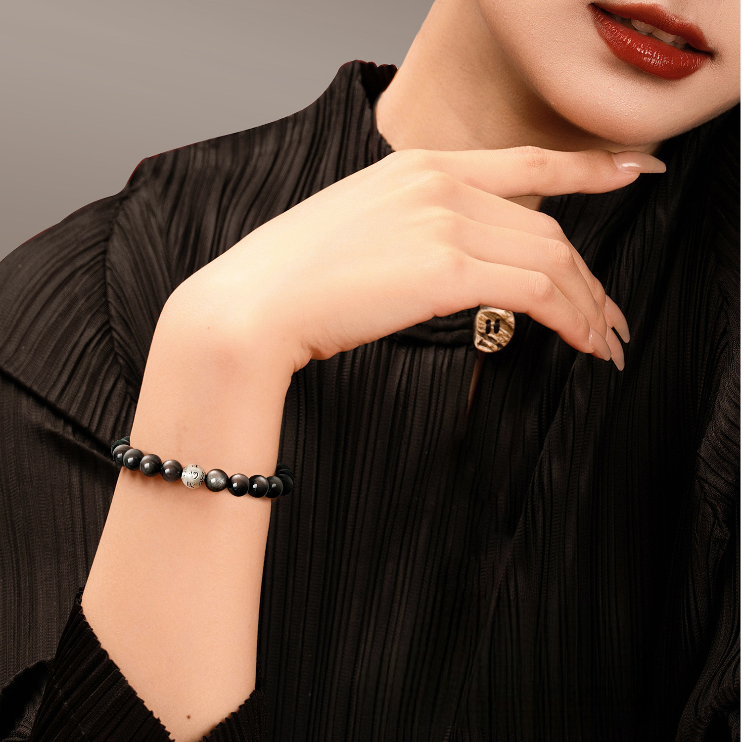 Natural Obsidian & Silver Sheen Obsidian Six Character Mantra Bracelet, Unisex Birthday Gift
